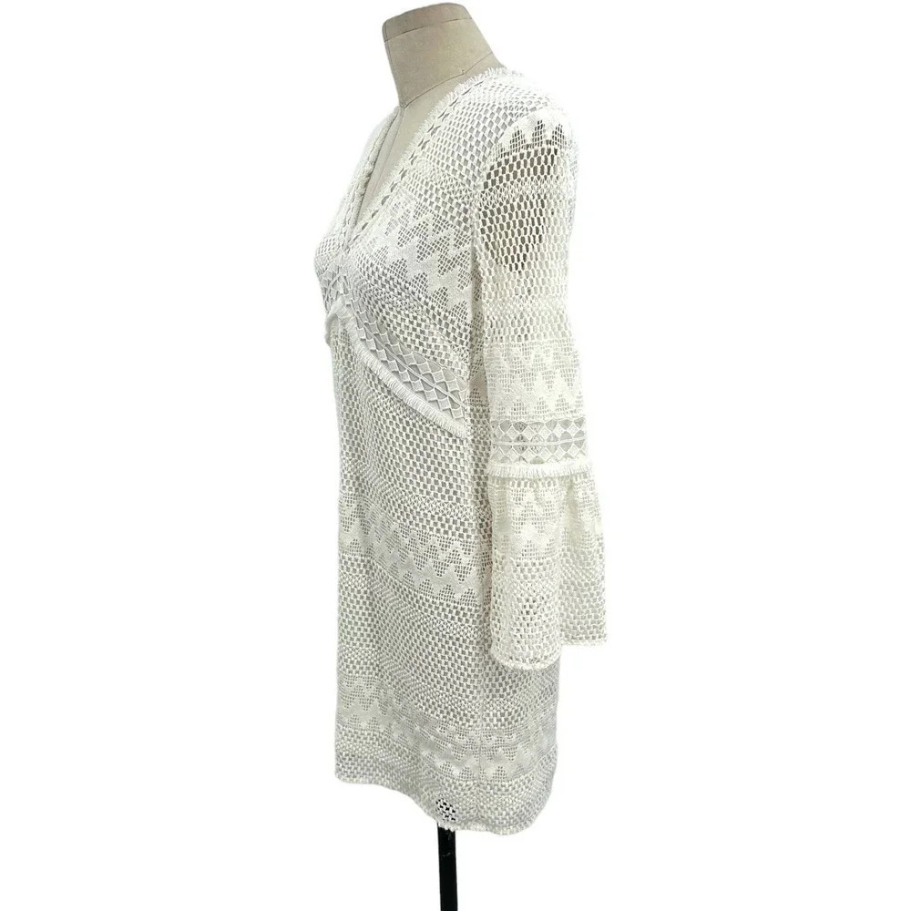 Shoshanna Ivory Chevron Crochet Bell Sleeve Mini Dress White Cream Size 2 - Picture 4 of 7